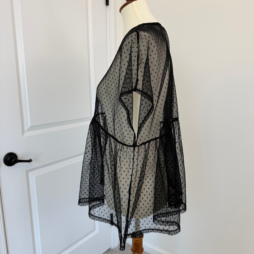 Zara Womens Black Sheer Mesh Polka Dot Top Small Short Sleeve Relaxed - Picture 3 of 9